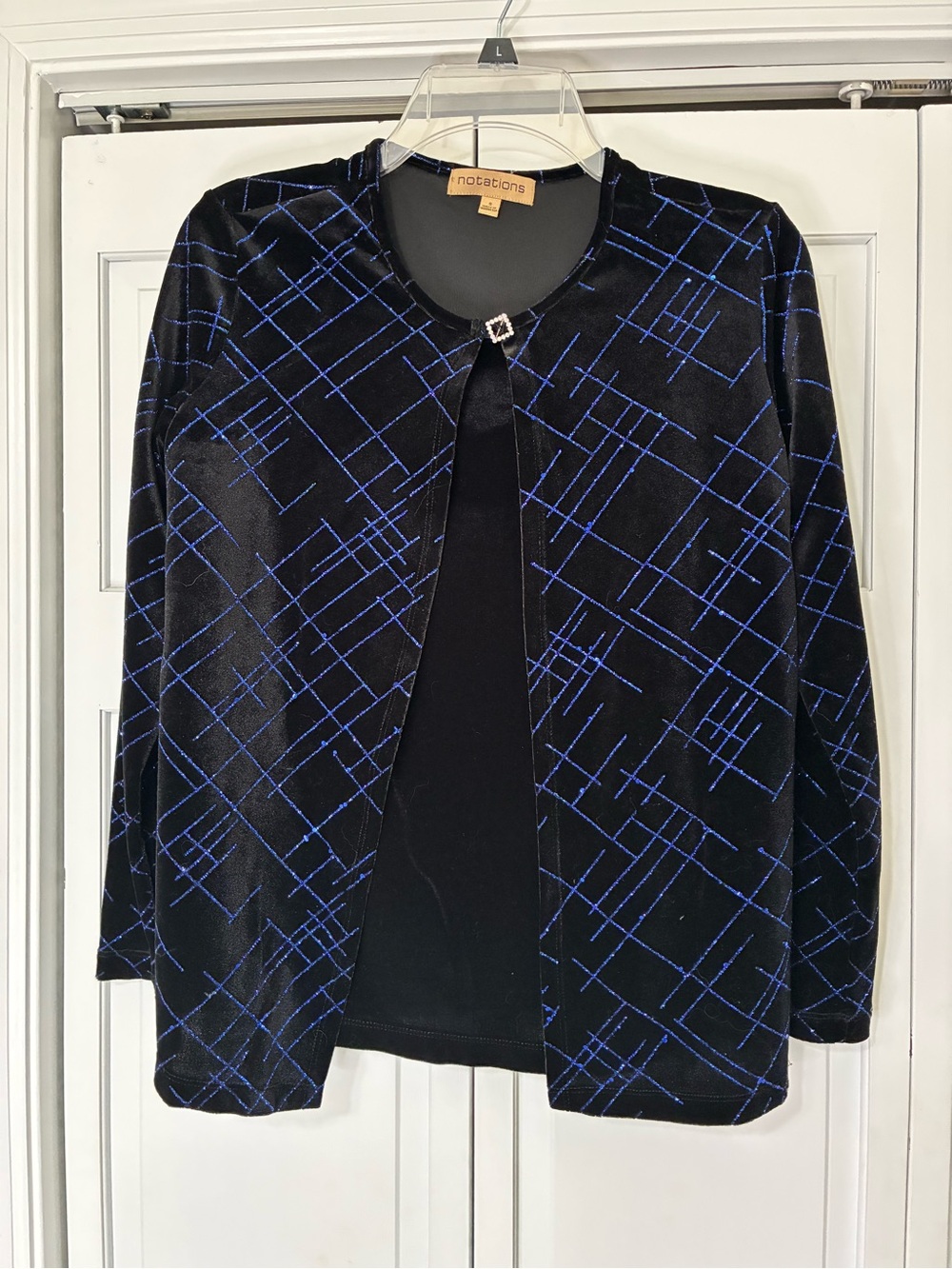 Notations Black & Blue Geometric Velvet Open Jacket